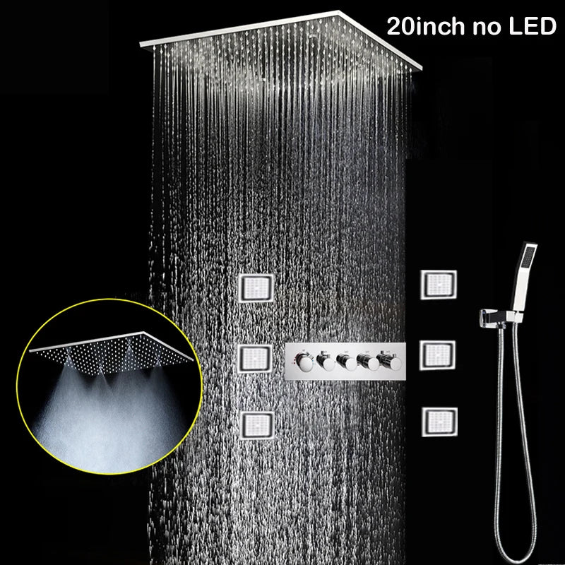 hm Modern LED Shower Set 20Inch Ceiling Mist Rainfall Shower Head System Bathroom Thermostatic Shower Faucets Massage Body Jets