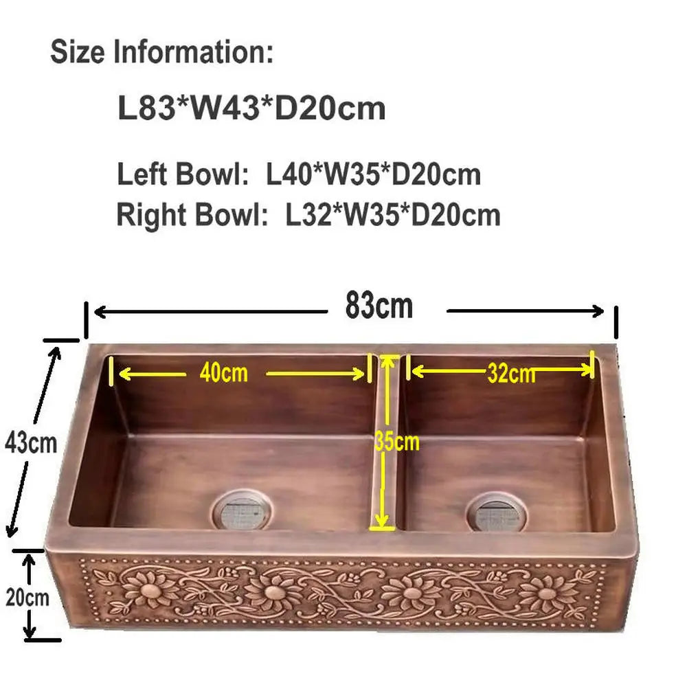 MAEBOW Antique Copper Regtangular Apron Front Double Bowls Artistic Kitchen Sink Farmhouse Sink