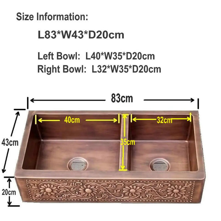 MAEBOW Antique Copper Regtangular Apron Front Double Bowls Artistic Kitchen Sink Farmhouse Sink