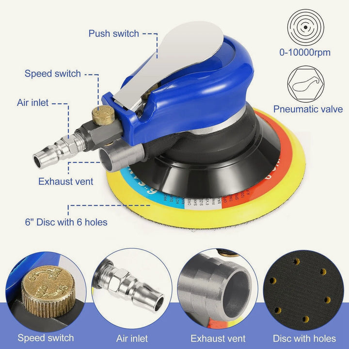 NuoDdunco 5-inch /6-inch Pneumatic Orbital Sander Air Polisher 125mm/150mm Air Vacuum Grinder for Car Metal Wood Polishing