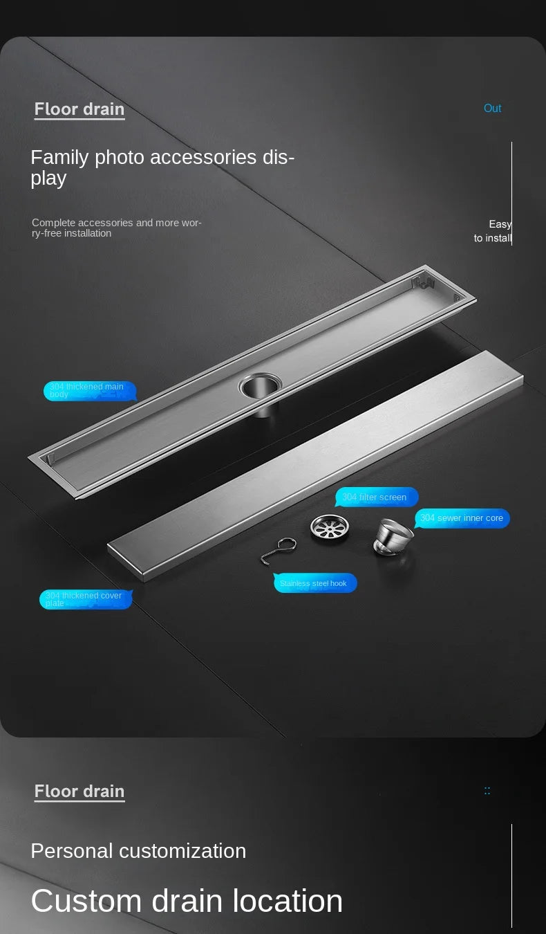 Luxury Hidden 304 Stainless Steel Rectangular Floor Drain Bathroom Toilet Drain Anti-Odor Filter Hair Extended Floor Drain