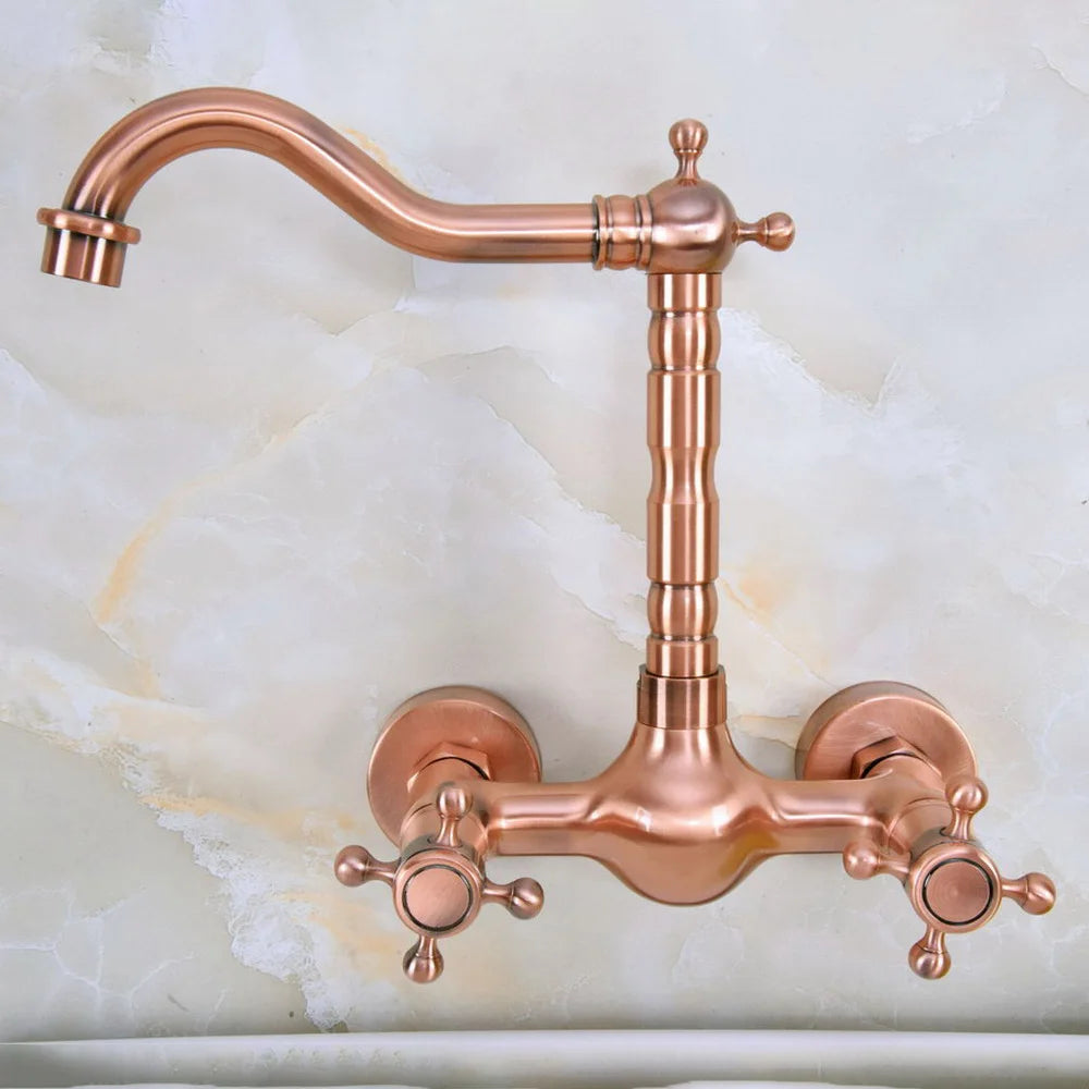 Wall Mounted Antique Red Copper Brass Bathroom Kitchen Swivel Spout Faucet Mixer Water Tap anf945