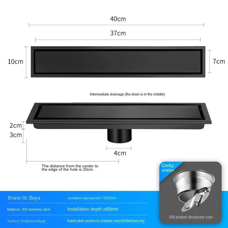 Luxury Hidden 304 Stainless Steel Rectangular Floor Drain Bathroom Toilet Drain Anti-Odor Filter Hair Extended Floor Drain