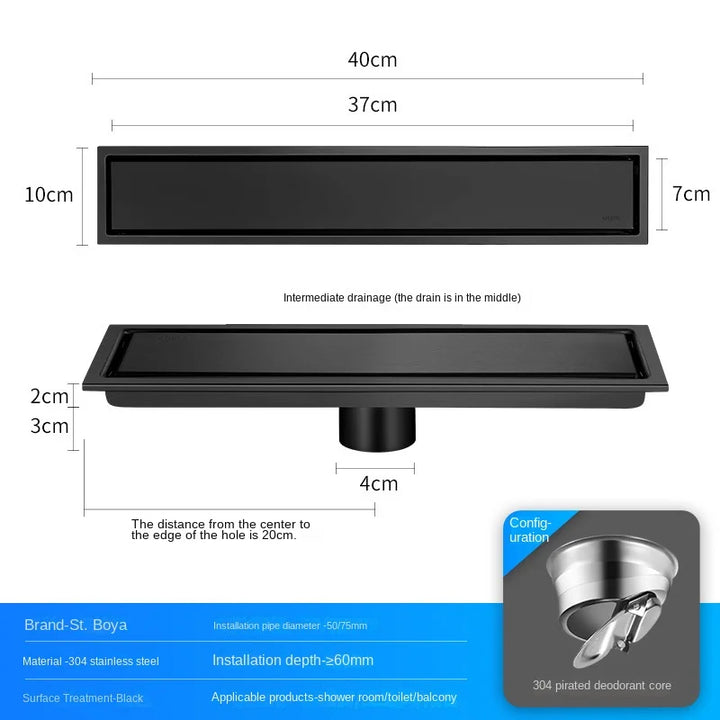 Luxury Hidden 304 Stainless Steel Rectangular Floor Drain Bathroom Toilet Drain Anti-Odor Filter Hair Extended Floor Drain