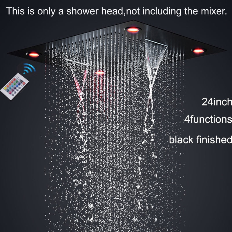 Luxury Black Shower Set Large Ceilling LED Showerhead Panel 24inch Waterfall Rain Spray Faucets With Body Jets System