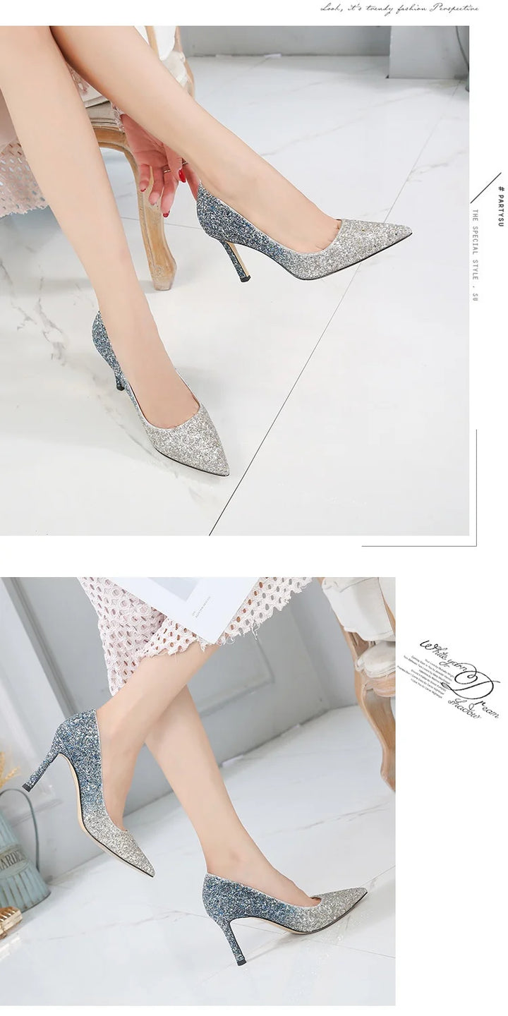 Stiletto Heel Crystal Pointed Toe High Heels Sexy Sle Faion Single oes adient Pattern Ultra Thin Heel Women's Footwear