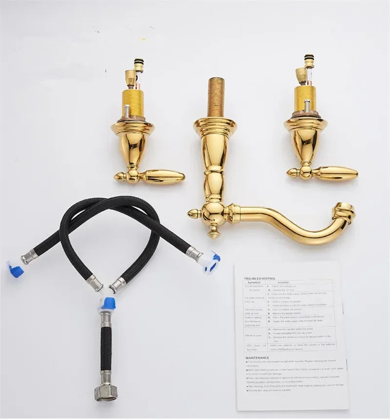 Basin Faucet Brass Gold Widespread Bathroom  Antique Sink  3 Hole Hot And Cold Water  Tap Pop Up