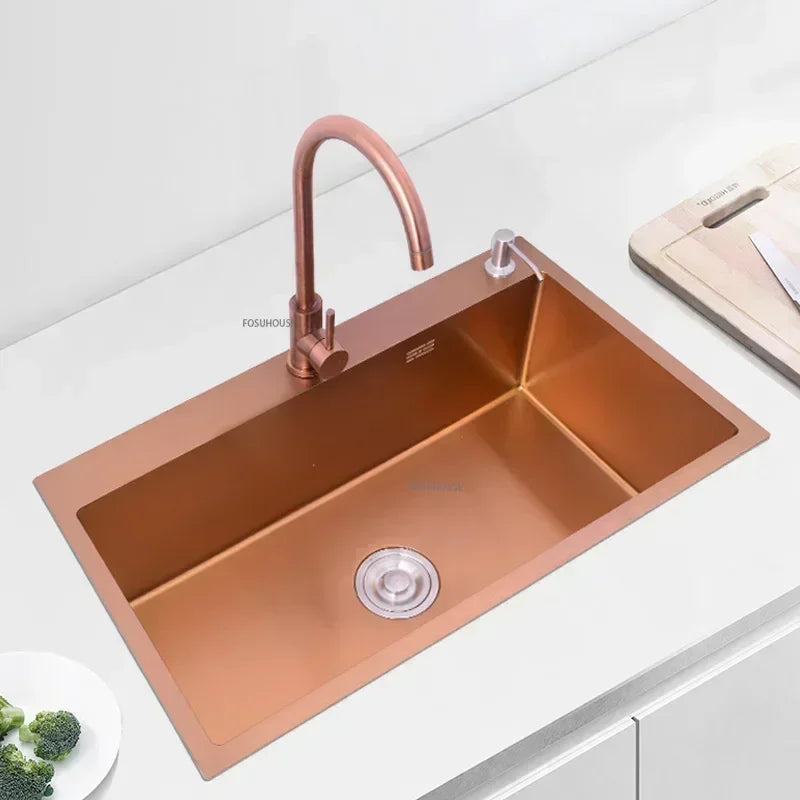 Rose Gold Stainless Steel Kitchen Sink Single Bowl Above Counter Vegetable Basin Modern Drain Storage Luxury