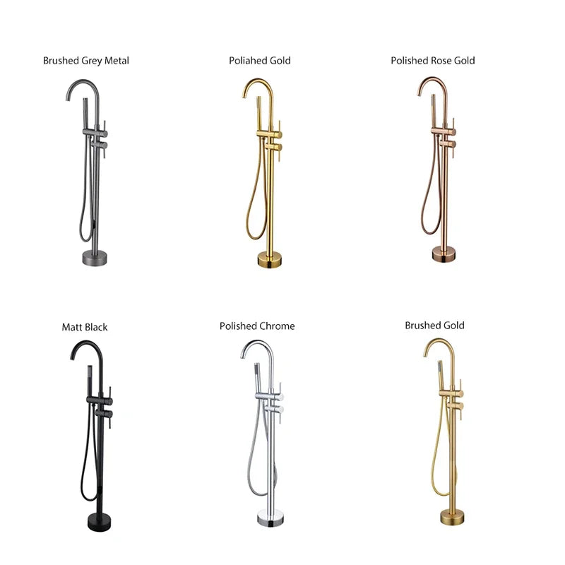 Rose Gold/Brushed Grey Floor Mount Bathtub Faucet Bathroom Bath Water Mixer Tap Faucets Double Handles with Hand Shower Brass
