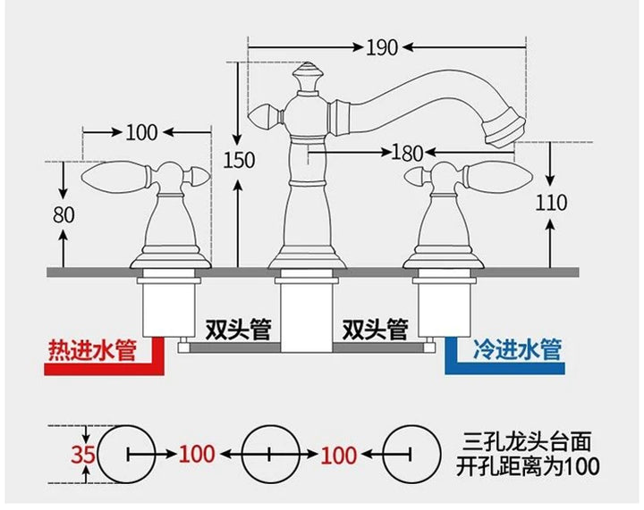 3 PCS Bathroom Faucets Dual Holder Three Hole Widespread Bathroom Sink Basin Faucets Deck Mounted Mixer Tap