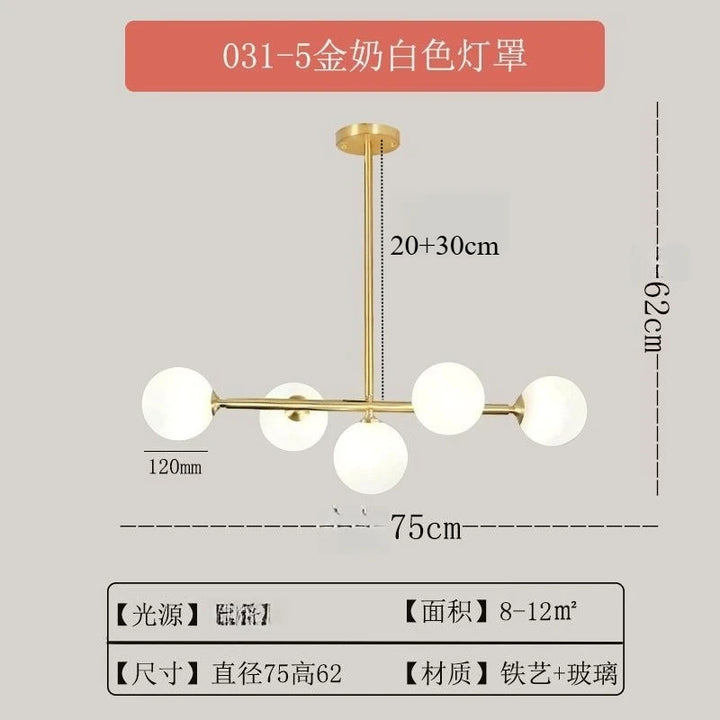 Modern Chandelier Pendant Light 8-Lights Gold & White Glass Pendant Lighting Globe Dining Light Fixture for Living Room Kitchen