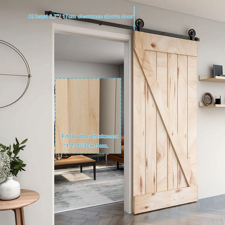 TSMST Heavy Duty Barn Door Hardware Kit for Wood Single Barn Door Black Industrial Rail + Middle Wheel  T Shape Roller