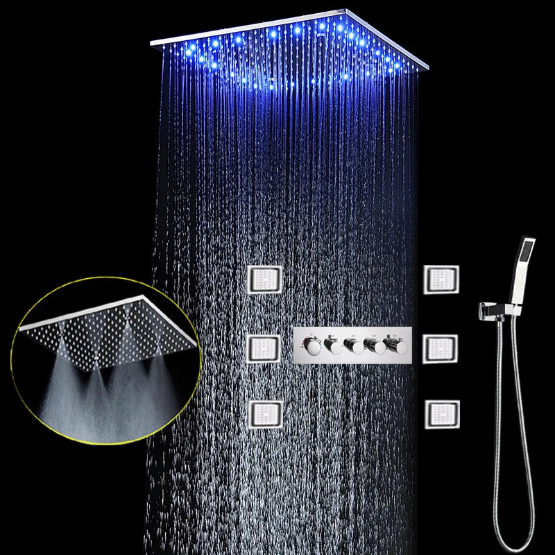 hm Modern LED Shower Set 20Inch Ceiling Mist Rainfall Shower Head System Bathroom Thermostatic Shower Faucets Massage Body Jets