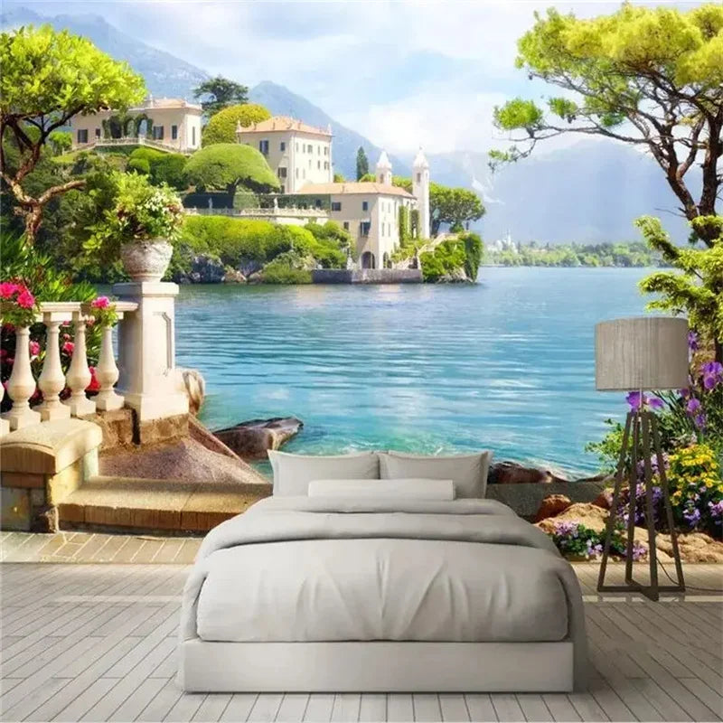 3D Custom Mural Wallpaper - Window Sea View with Red Flowers Stone Path Small Island Garden Lake Background wall for Home Decor