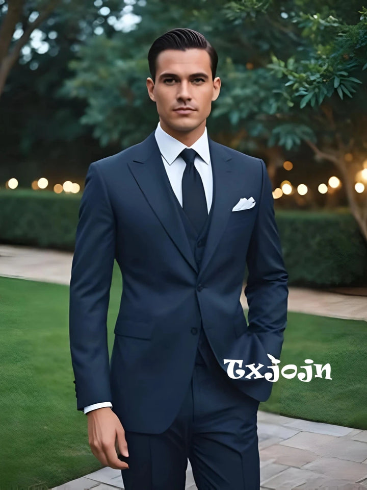 Classic Formal Men's Business Tuxedo 2 Pieces Blazer Pants Classy Blue Suit Set For Men Wedding Party Guest Outfit Customized