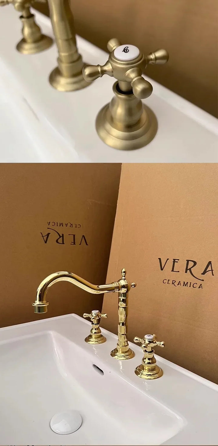Luxury Gold Color Brass 3 Hole Basin Sink Faucet Dual Handle Hot and Cold Mixer Tap Plum Shape Nnf981