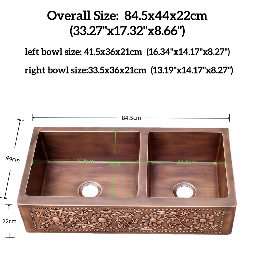 MAEBOW Antique Copper Regtangular Apron Front Single Bowl Artistic Kitchen Sink