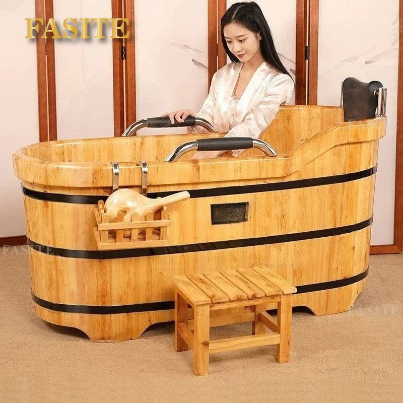 Portable Bathtubs Wooden Barrel Sweat Steaming with Cover Home Full Body Adult Bath Barrel Adult Home Beauty Salon Bath Tub