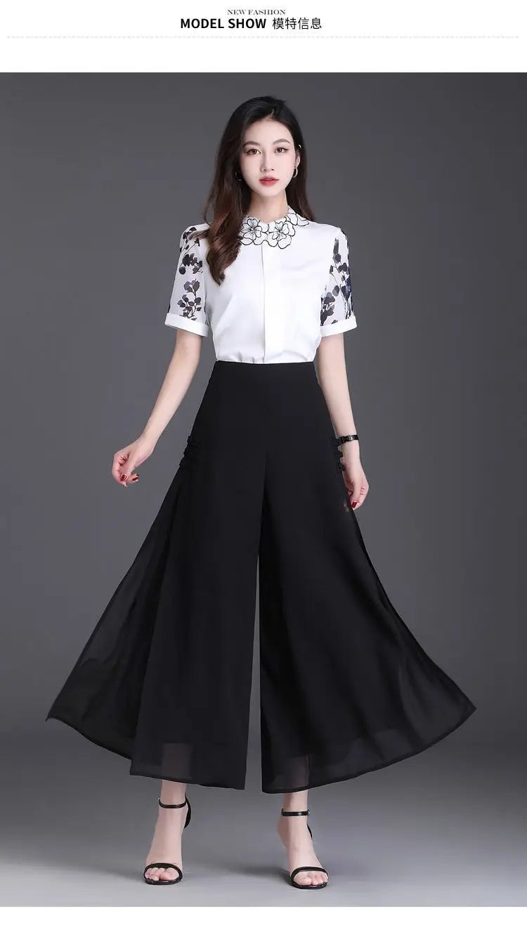 Thin Chinese Style Floral Chiffon Wide Leg Pants Women Tie Die Printed Button Loose High Waist Vintage Straight Trousers