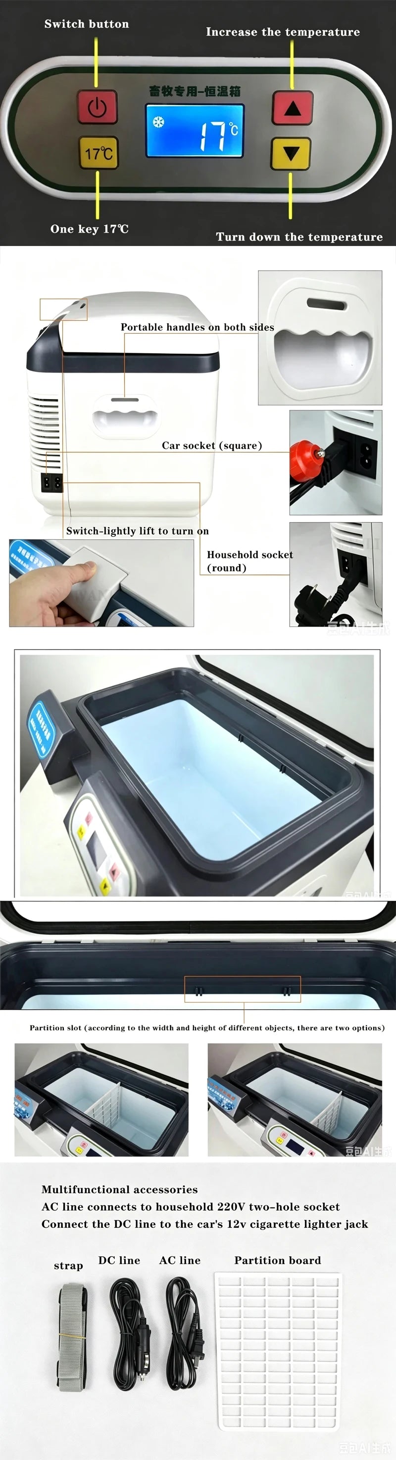 Dual Charging Portable Car Refrigerator, 12V Car 220V Home Mini Fridge with Carry Strap
