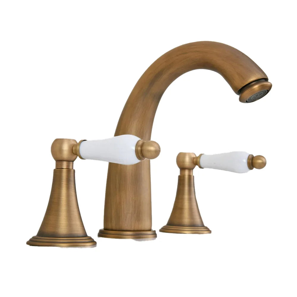 Antique Brass Widespread Bathroom Sink Faucet 3 Hole Basin Mixer Tap aan083