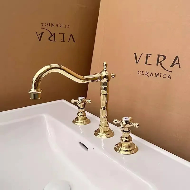 Luxury Gold Color Brass 3 Hole Basin Sink Faucet Dual Handle Hot and Cold Mixer Tap Plum Shape Nnf981