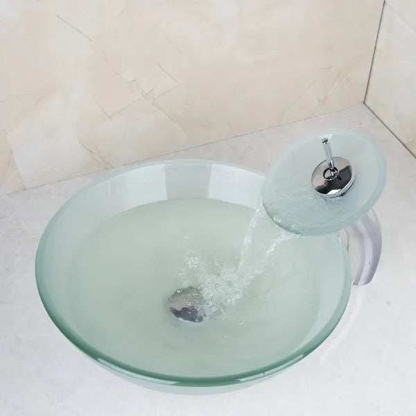 MONITE Tempered Glass Bathroom Sink Set Hand-Painted Art Basin Combine Round Waterfall Bowl Basin Faucet Multiple Styles