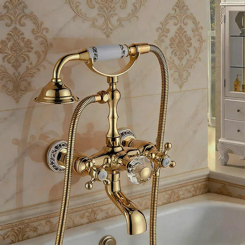 Luxury Golden Bathtub Faucet - Brass Bathroom Faucet with Rotating Spout & Shower, Brass Construction