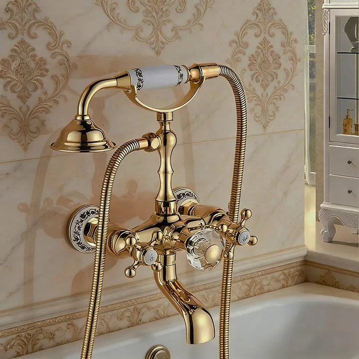 Luxury Golden Bathtub Faucet - Brass Bathroom Faucet with Rotating Spout & Shower, Brass Construction