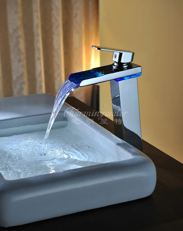 Brushed Gold LED Basin Faucet Waterfall Sink Taps Color Changing Temperature Bathroom Mixer Brass Cold Hot Tap