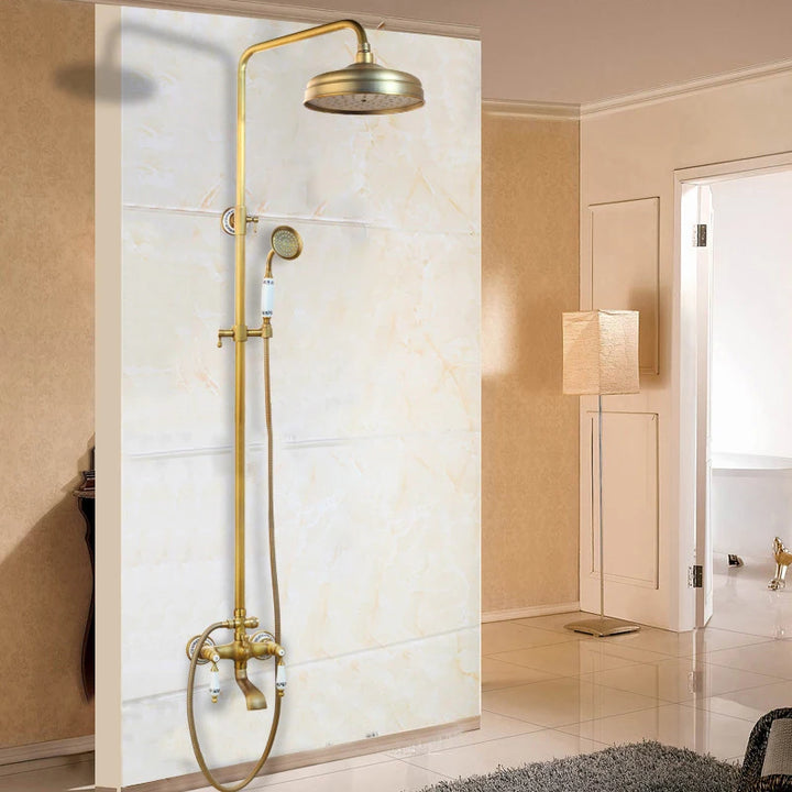 KEMAIDI Antique Brass Retro Vintage Bathroom Shower Faucet Set Wall Mounted Rainfall Shower Head Bathtub Mixer Shower Systerm