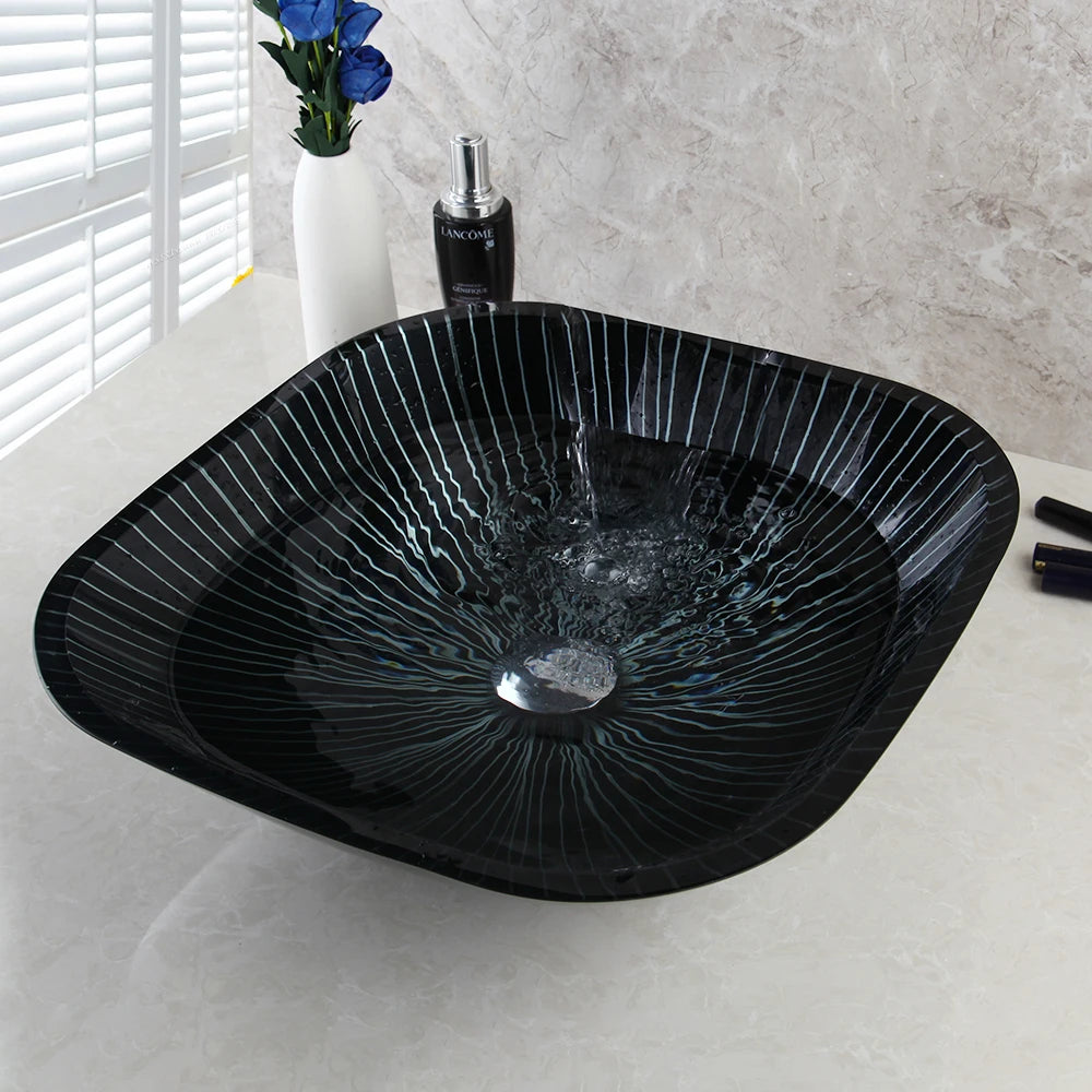 KEMAIDI Black Striped Tempered Glass Vessel Sink Set, Multi-Shape Bathroom Basin with Single-Handle Faucet Deck Mounted Vessel
