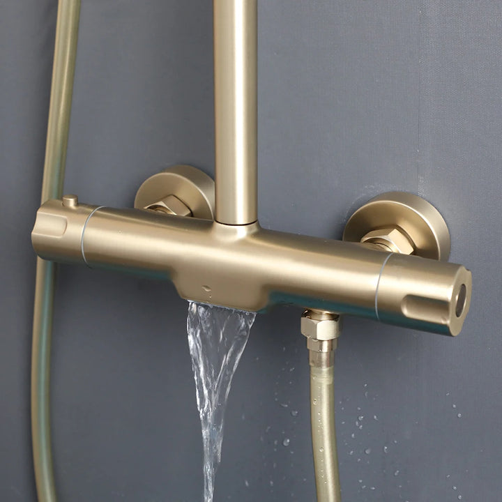 KEMAIDI Brushed Gold Thermostatic Shower System with Tub Spout  3-Functional Exposed Shower Faucet Mixer Fixtures Wall Mounted