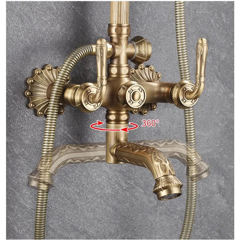 Antique Bronze Carved Bathroom Shower Faucet Set Wall Mounted Bathtub and Shower Faucet Cold & Hot Bath Shower Mixer Tap Brass