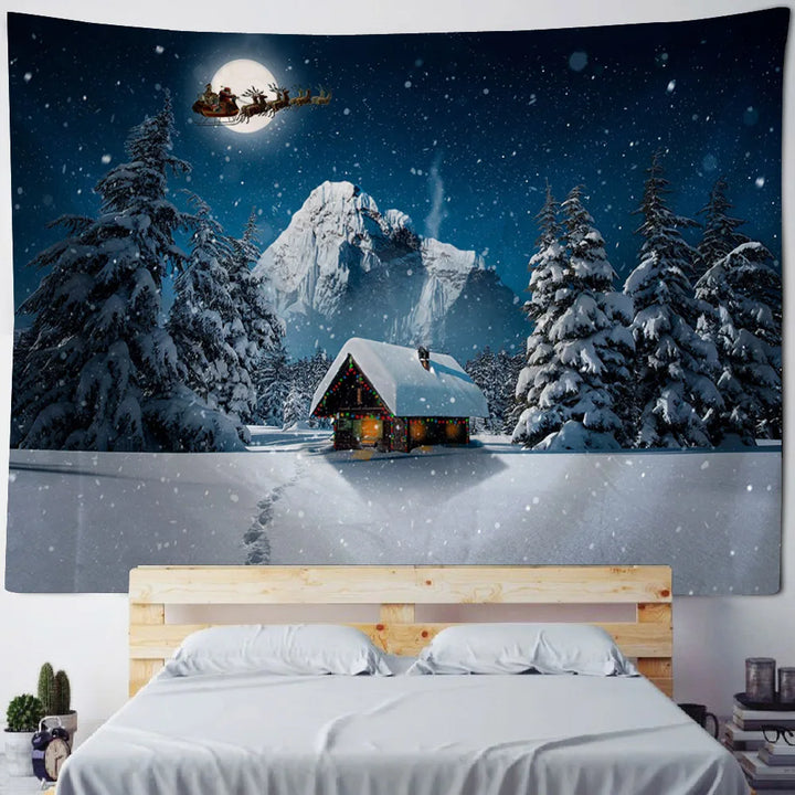 Christmas tapestry, winter snow view, Santa Claus, elk fireplace, room art decoration, wall hanging cloth,