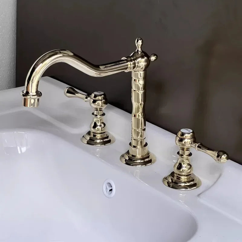 Luxury Gold Color Brass 3 Hole Basin Sink Faucet Dual Handle Hot and Cold Mixer Tap Plum Shape Nnf981