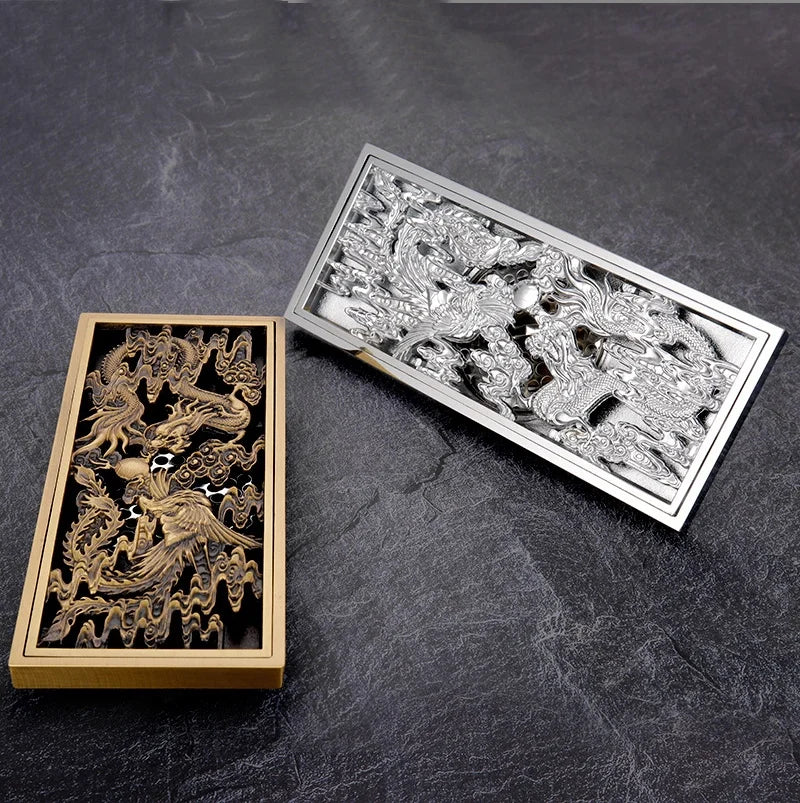 Bathroom Floor Drain Copper Antique Dragon Phoenix Picture Cover Large Displacement Floor Drain 20cm Long Strip Odor-Proof Drain