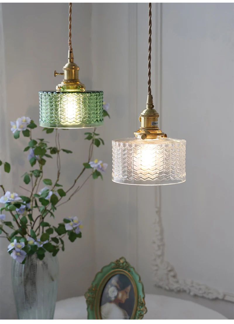 Suspension Green Stripe Glass Chandelier E27 Restaurant Pendant Light For Dining Room Kitchen Cafe Bedside Hanging Lamp Fixtures