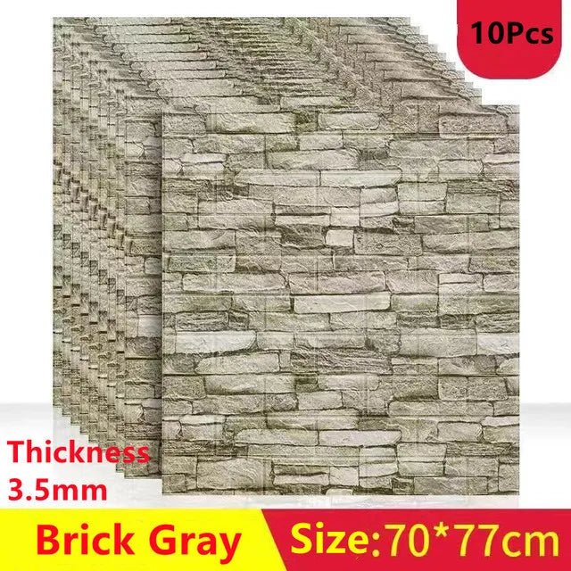 10Pcs Self-Adhesive 3D Wall Sticker DIY Brick Stickers Home Kids Room Kitchen Ceiling Decor No Odor No Pollution Wallpaper 70X77