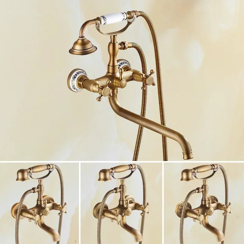 Antique Bathtub Shower Faucet Set Wall Mounted Black Bath Shower Faucet Bathroom Cold and Hot Bath and Shower Mixer Taps Brass