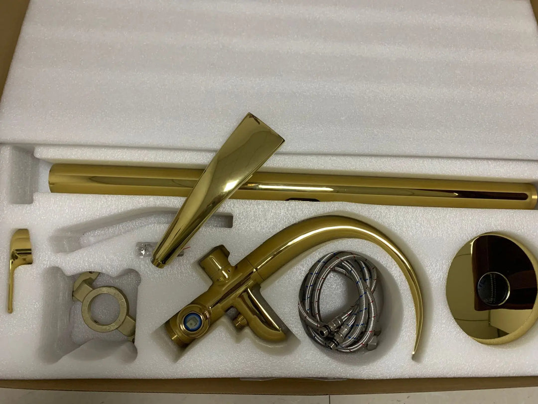 Floor Stand Waterfall Bathtub Faucet Solid Brass Bathroom Bathtub Water Mixer with Hand Shower in Brushed Rose Gold, Black, Gold