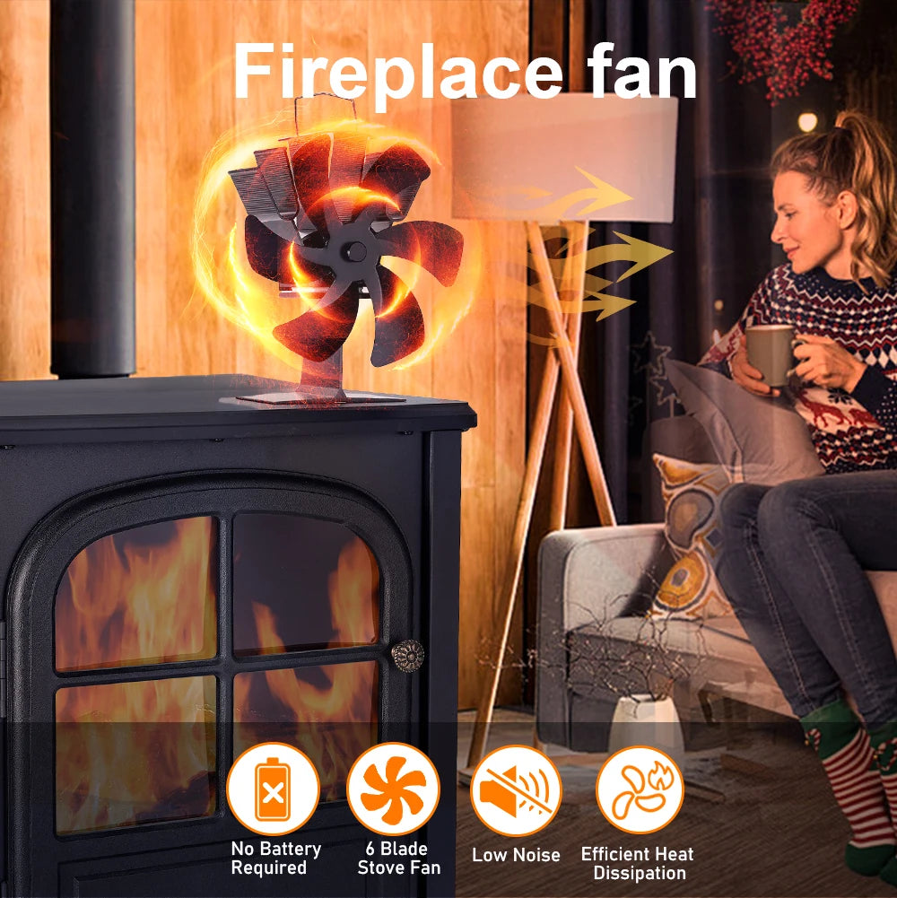 6 Blades Fireplace Fan Heat Powered Stove Fan Log Wood Burner Eco Quiet Fire Wood Heater Home Oven Fan Efficient Heat Distribute