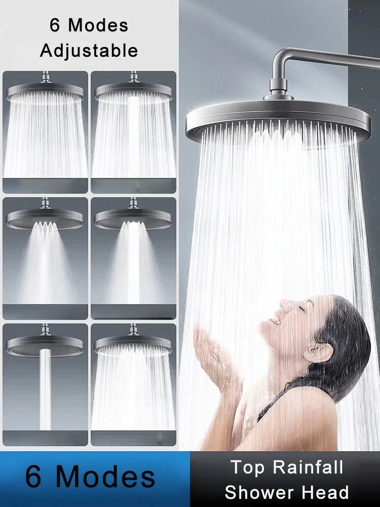 New 6 Modes Big Panel Large Flow Supercharge Rainfall Shower Head High Pressure Top Rain Shower