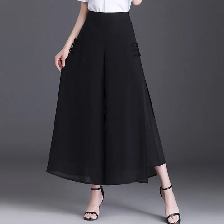 Thin Chinese Style Floral Chiffon Wide Leg Pants Women Tie Die Printed Button Loose High Waist Vintage Straight Trousers