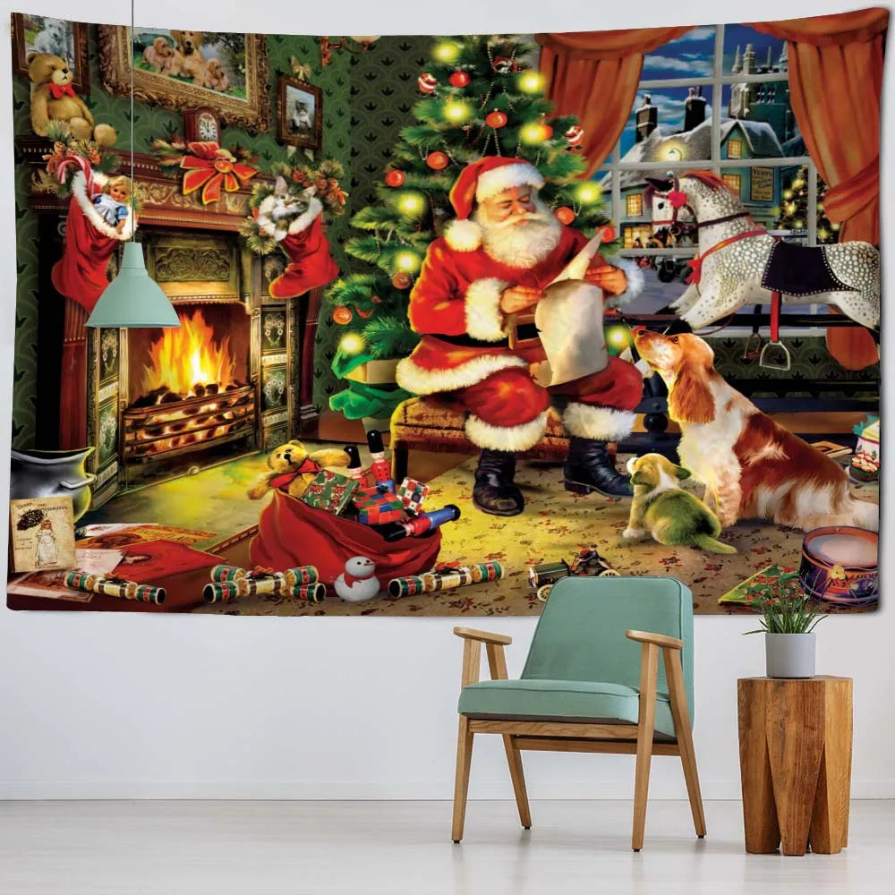 Christmas tapestry, winter snow view, Santa Claus, elk fireplace, room art decoration, wall hanging cloth,