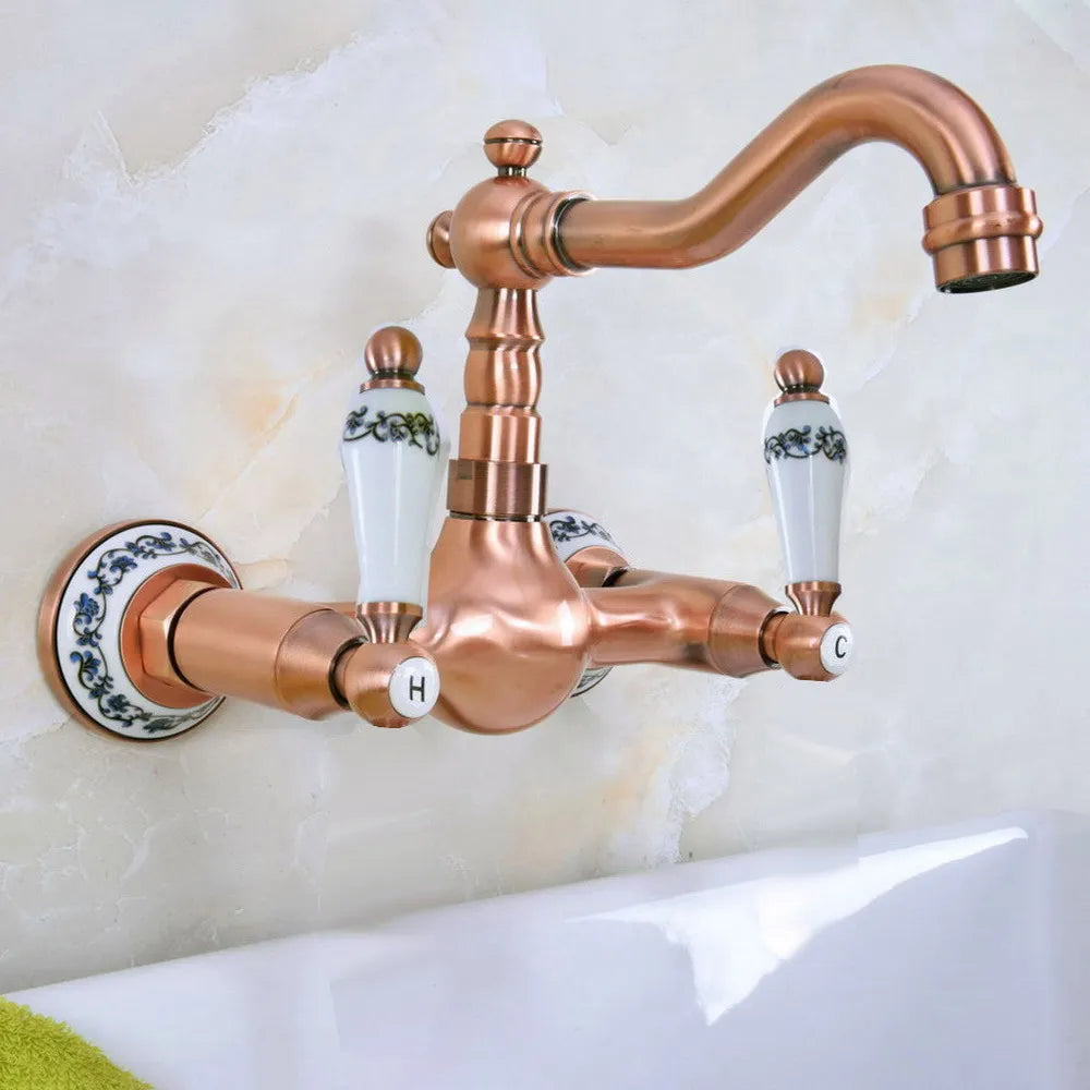 Antique Red Copper Brass Bathroom Kitchen Sink Faucet Mixer Tap Swivel Spout Wall Mounted Dual Ceramic Flower Levers Base mrg029