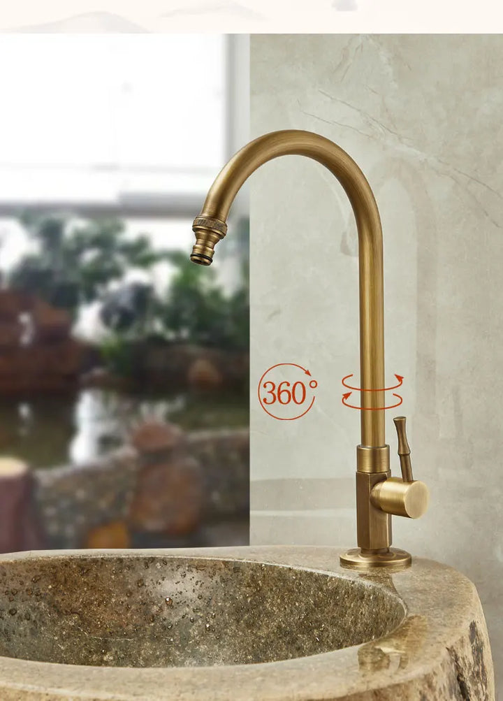 Outdoor Antifreeze Faucet Antique Brass Balcony Wash Basin Single Cooling Faucet Vanity 360°Swivel Rotate Spout Only Cold Tap