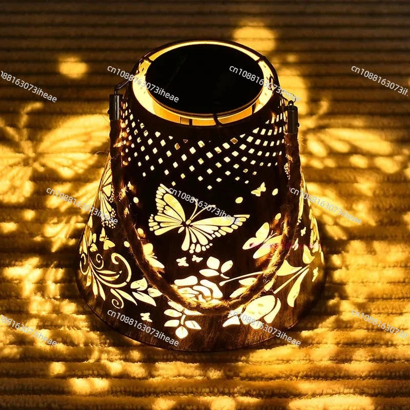 New solar butterfly projection light wrought iron hollow lantern garden atmosphere decorative light