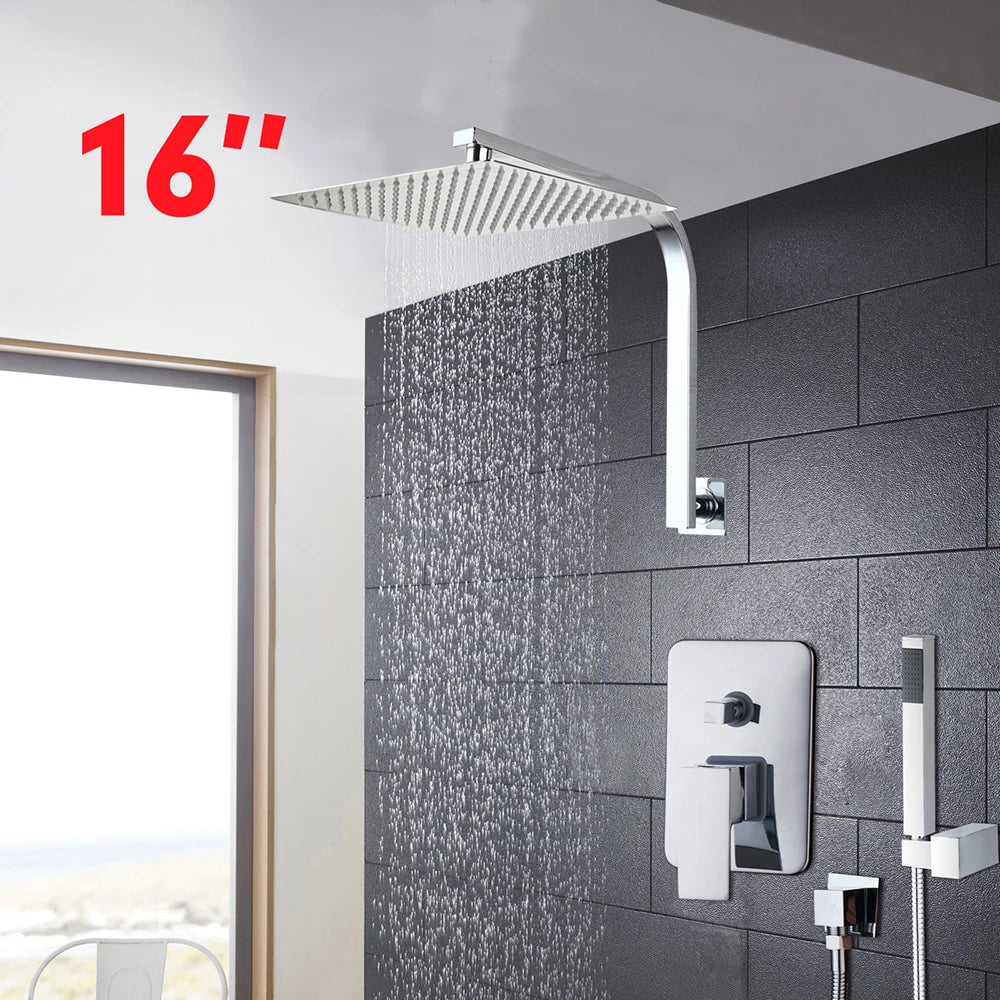 Torayvino Bathroom Shower Set LED Square Rainfall Shower Head Wall Mounted W/ Control Valve Hand Sprayer Chrome Polished Kit
