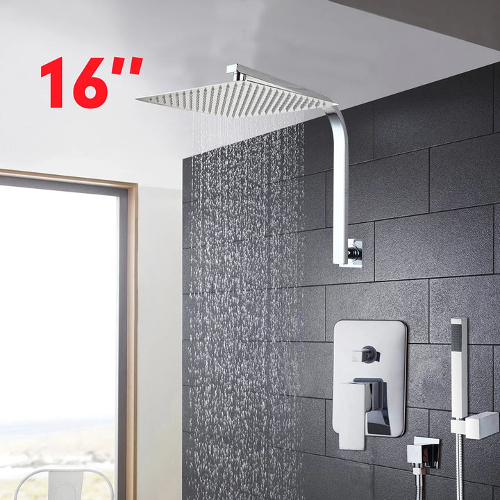 Torayvino Bathroom Shower Set LED Square Rainfall Shower Head Wall Mounted W/ Control Valve Hand Sprayer Chrome Polished Kit